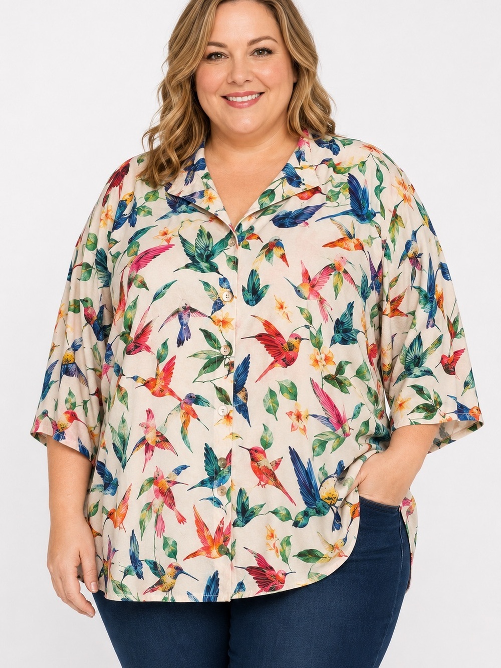John Mark Hummingbird Floral  Button Down Blouse Novelty Print Quirky Sz 2X